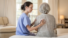 A healthcare professional and another person sitting on a bed with the healthcare provider listening to the other's lungs using a stethoscope