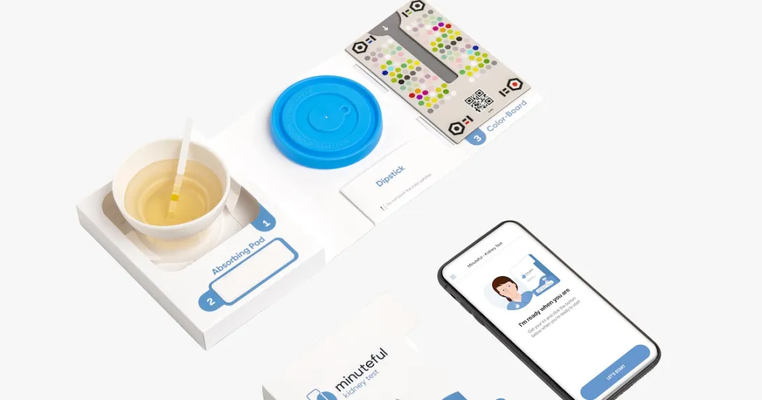 Healthy.io's Minuteful test kit, including a smartphone displaying the app