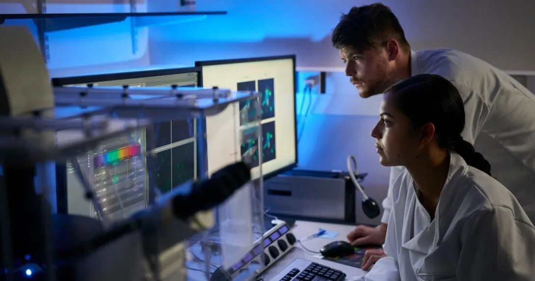 Researchers evaluating a software-driven report Researchers evaluating a software-driven report