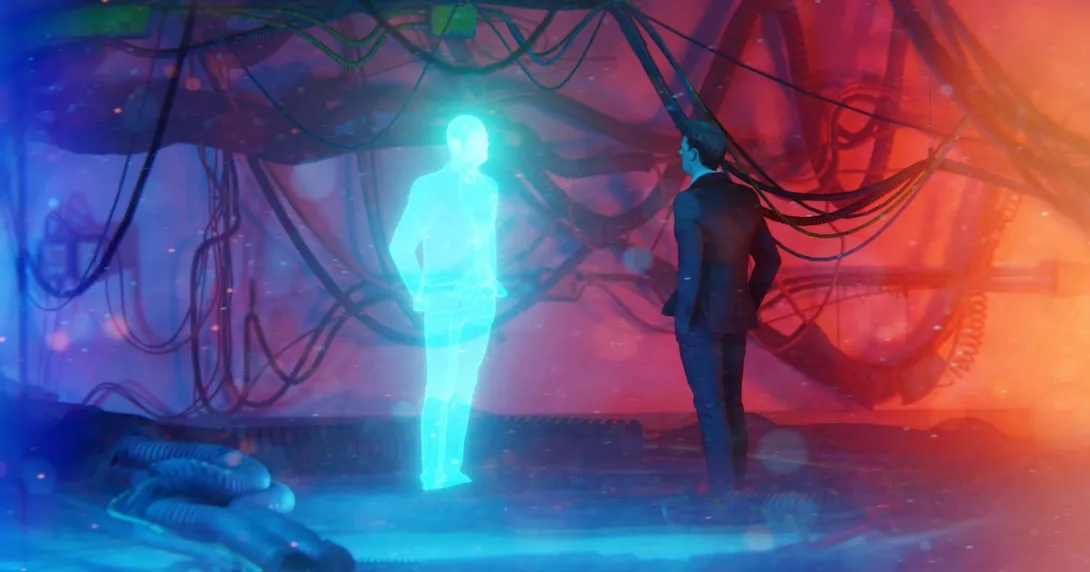 Digital person standing next to a physical person