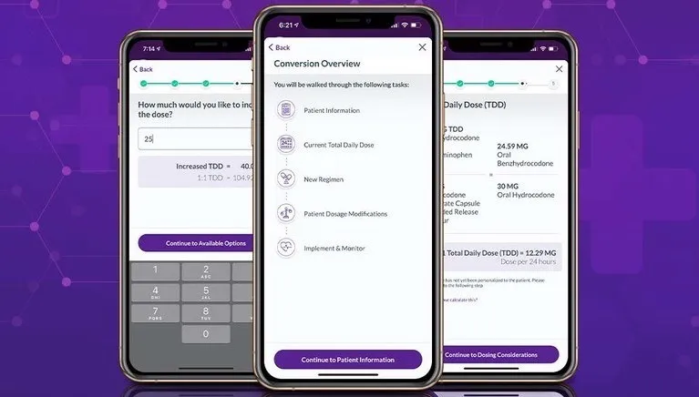 Smartphones showing VITAS' opioid conversion app
