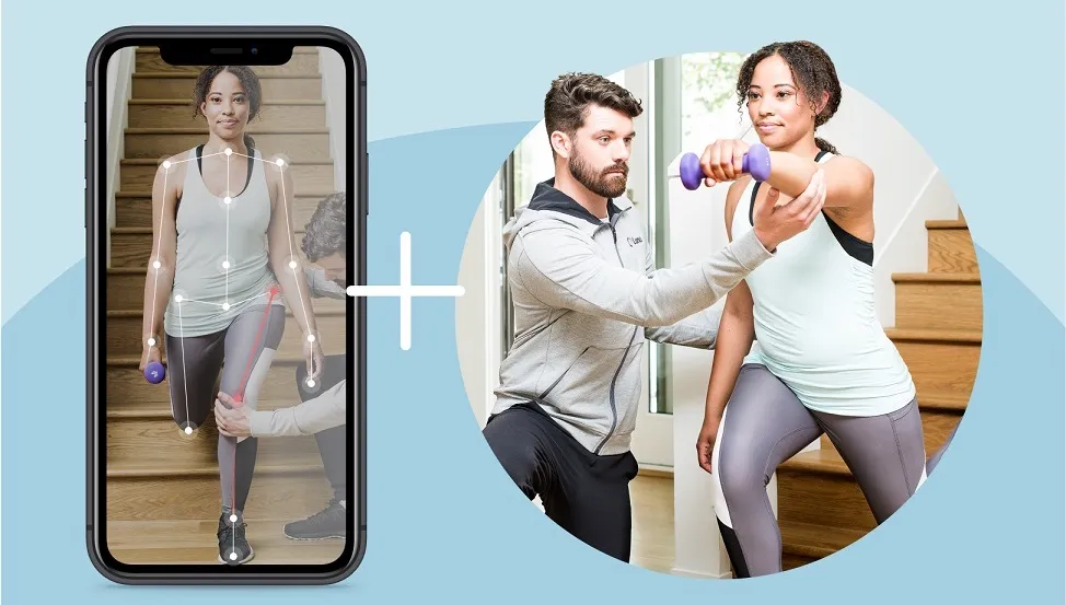 A woman doing physical therapy guided by an app, and the same woman being helped by a physical therapist.
