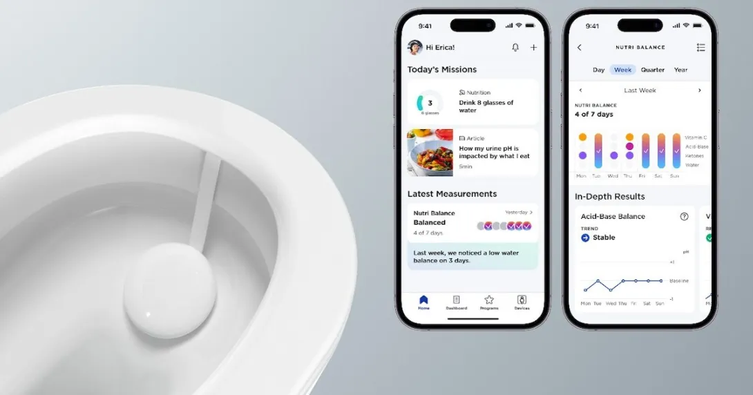 Withings app on two phones and a toilet bowl