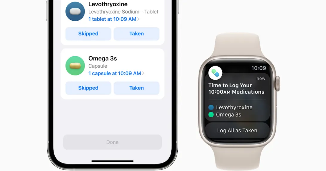 An Apple Watch and an iPhone displaying the medication tracking feature