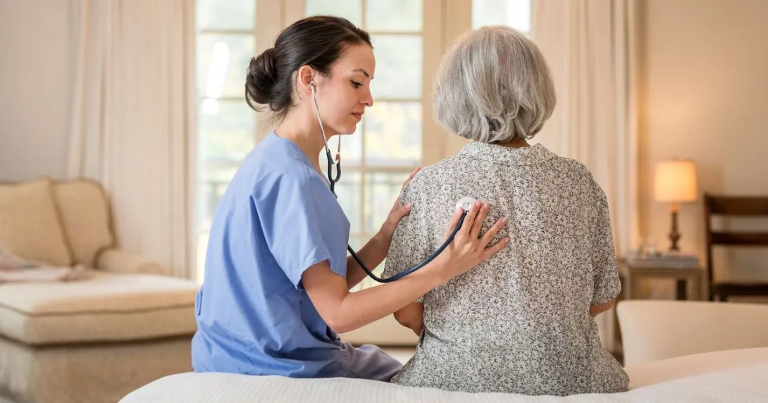 Nurse listening to chest of patient in home