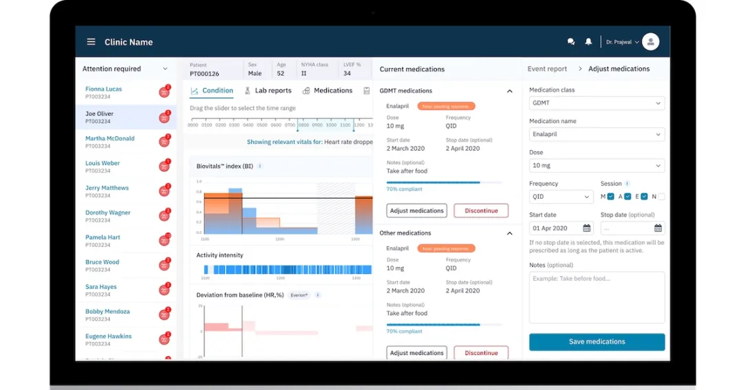 A computer screen showing Biofourmis' remote monitoring platform