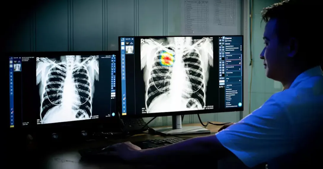 A radiologist analysing a chest X-ray using VinBrain DrAid