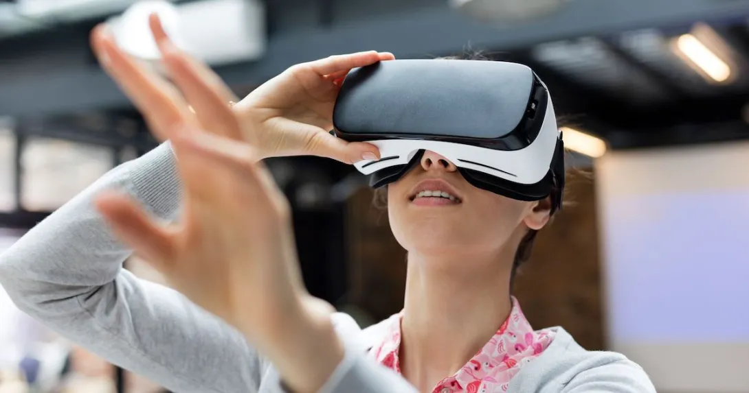 A woman using a virtual reality headset